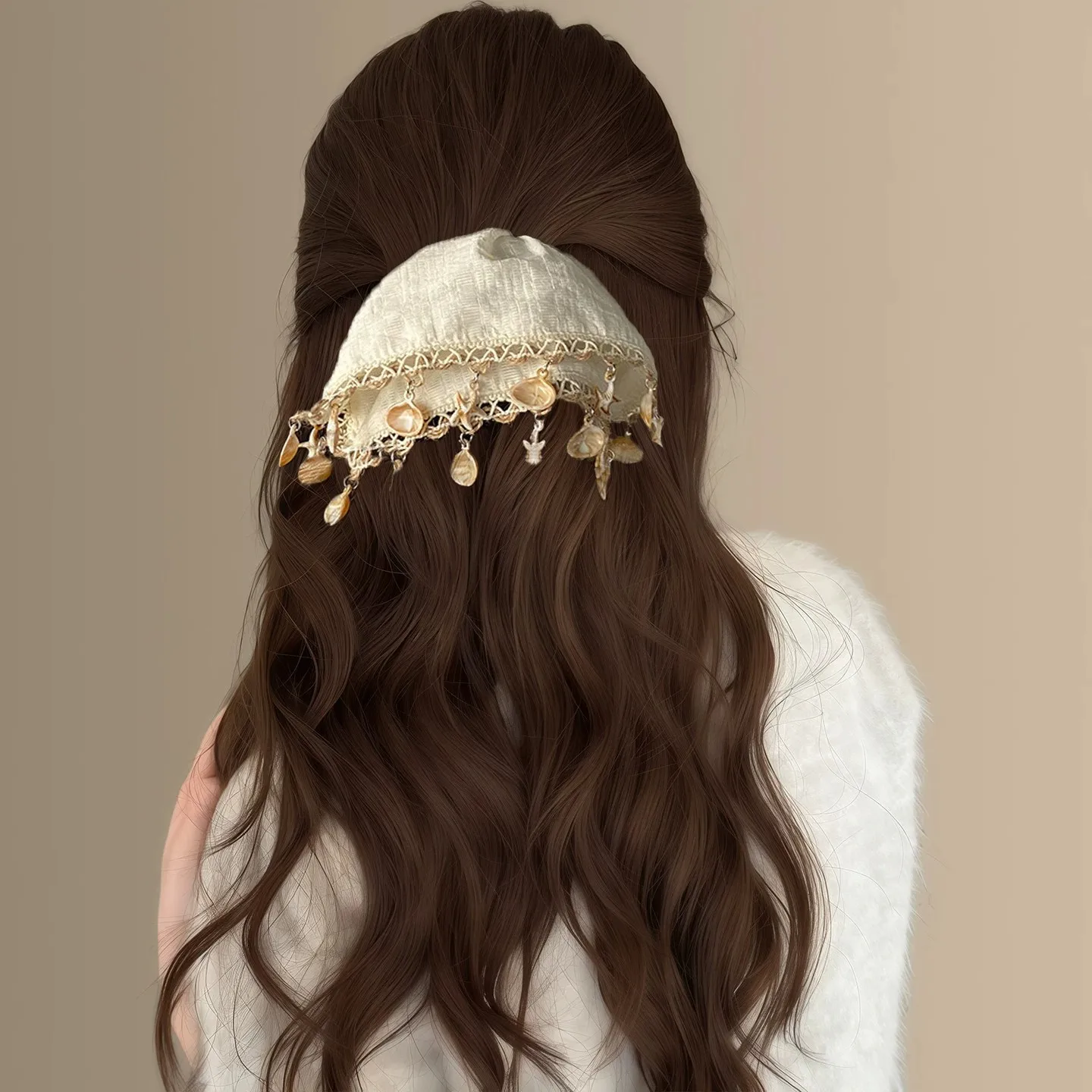2026 Korean Preppy Style Big Scrunchies Summer Vacation Sea Shell Fringes Scrunches Beach Square Hairbands For Women