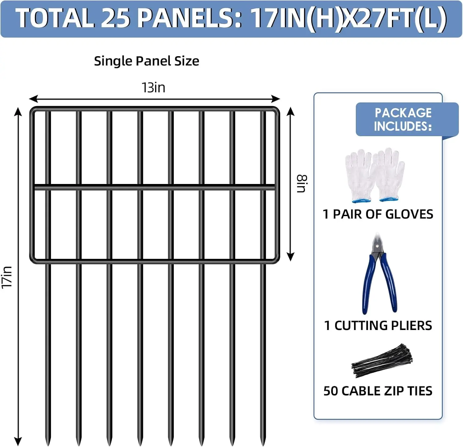 25 Pack 17in High No Dig Garden Fence, Rustproof Metal Barrier for Dogs Rabbits Outdoor Yard