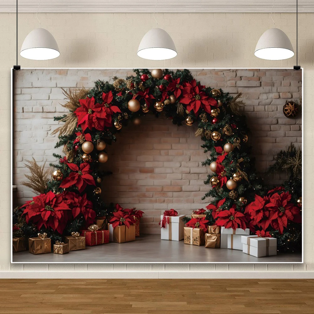 Merry Christmas Background Photography Gray Brick Wall Xmas Tree Gift Red Green Garland Arch Wedding Birthday Photo Backdrop