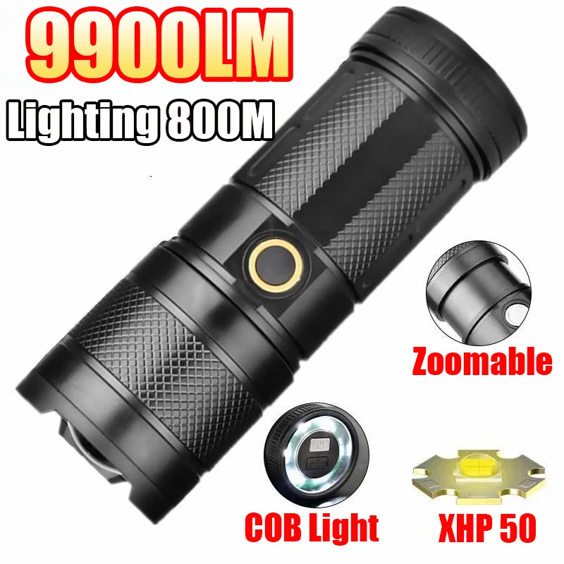 

9900LM High Power LED Flashlights 800M Rechargeable Torch Light ABS Flashlight With COB Light Outdoor Camping Lantern Zoomable