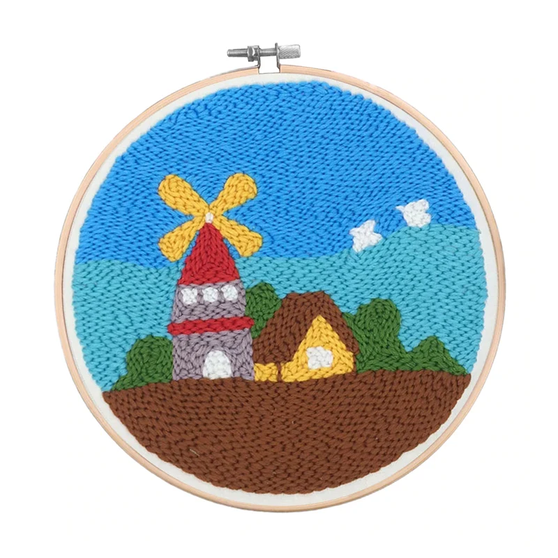 

Country Windmill House Scenery Stich Embroider Kit Handmade Poke Needle Wool Threads Punch Kit For DIY Women Crafter Beginner