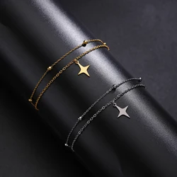 Amaxer Bracelets Of Women Silver Color Stainless Steel Double Chain Star Beads Bangles Minimalist Female Jewelry Accessories
