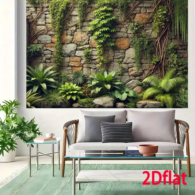 Tropical Jungle Tapestry Botanical Moss Wall Mural Realistic Nature Decor Boho Stone Waterfall Greenery Large Size Home