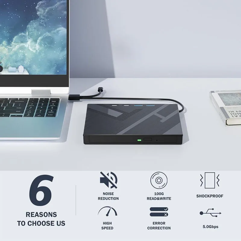 7 in 1 External Blu Ray Drive Support 100G Disc, Portable BD DVD CD -/+RW Player Burner Bluray CD Reader with SD/TF Card Slot