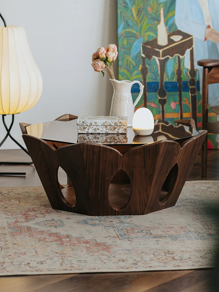 طاولة قهوة لوتس كلاسيكية من LMM لغرفة المعيشة، جوز أسود، جميعها من الخشب الصلب، حديثة وبسيطة #5