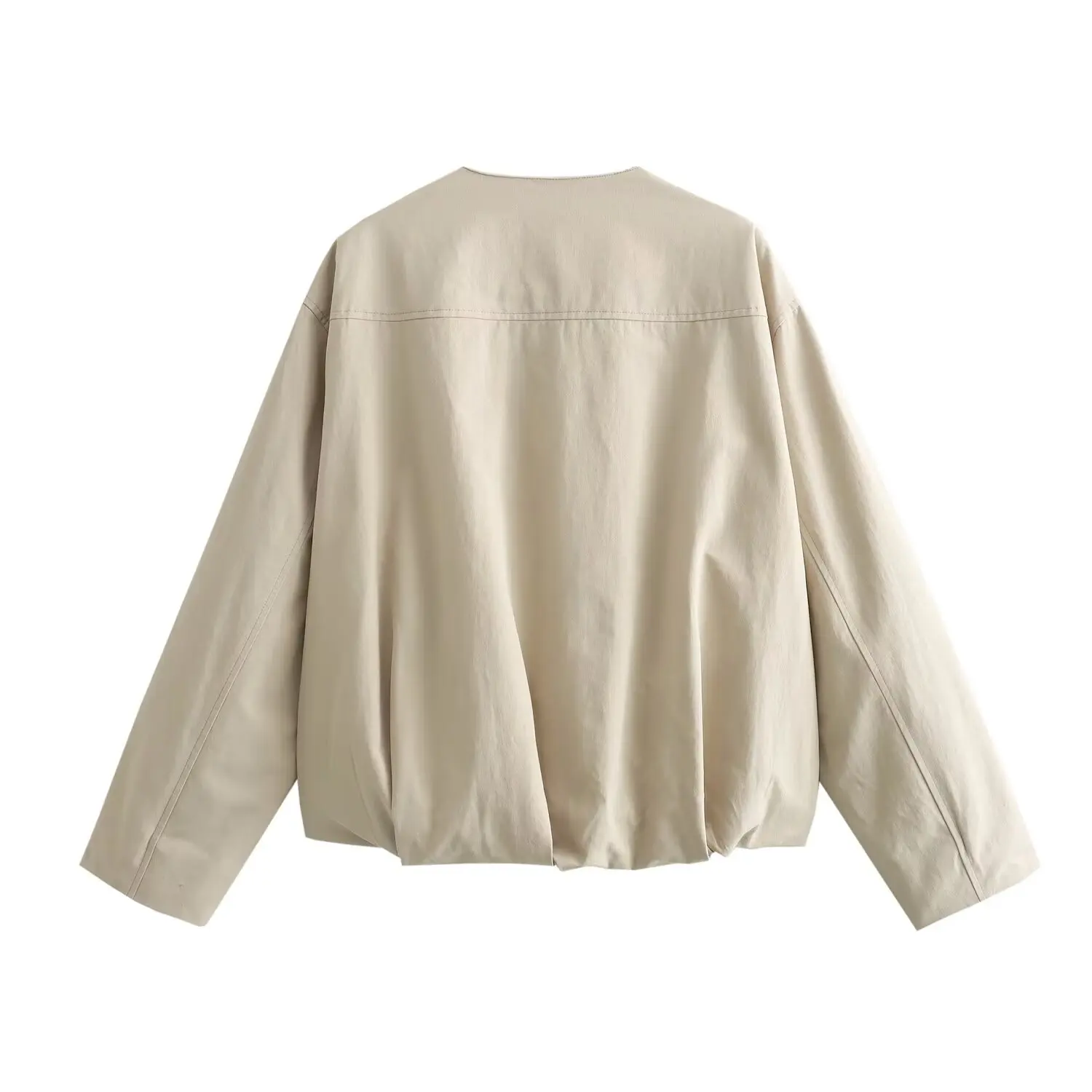 Tangada 2024 Women Beige Oversized Crop Jacket Coat Pocket Long Sleeve Female Zipper Outwear 4M0120