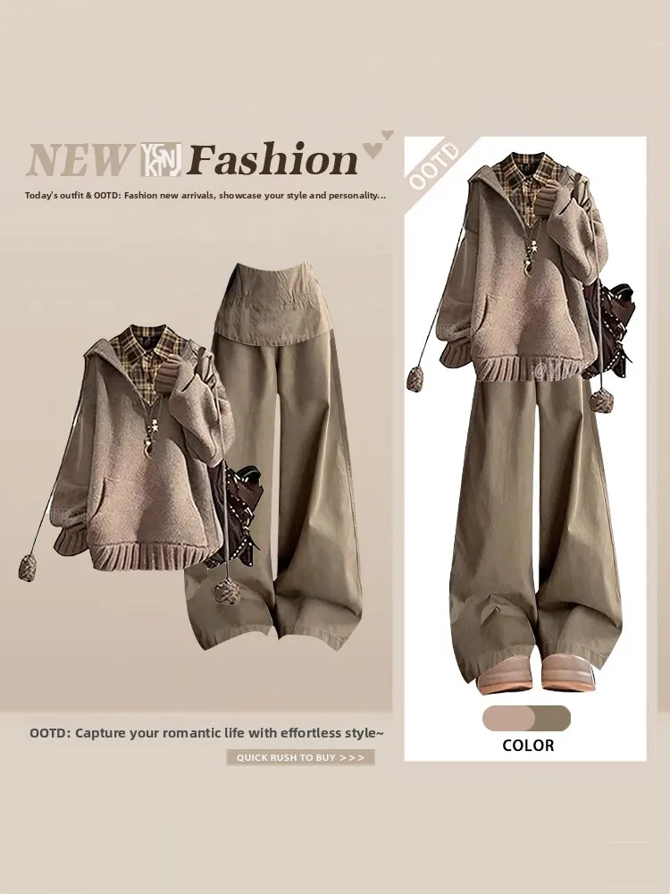 

Winter College Style Layering Set Women's Loose Age-Defying Hooded Knitted Sweater Plaid Shirt Casual Pants Three-Piece Set