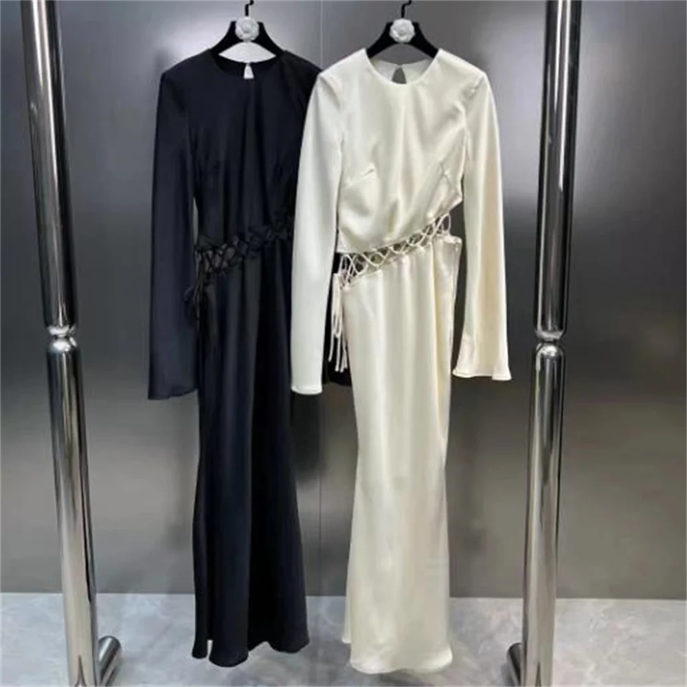 

Black waist hollow strap sexy long dress women long sleeves elegant