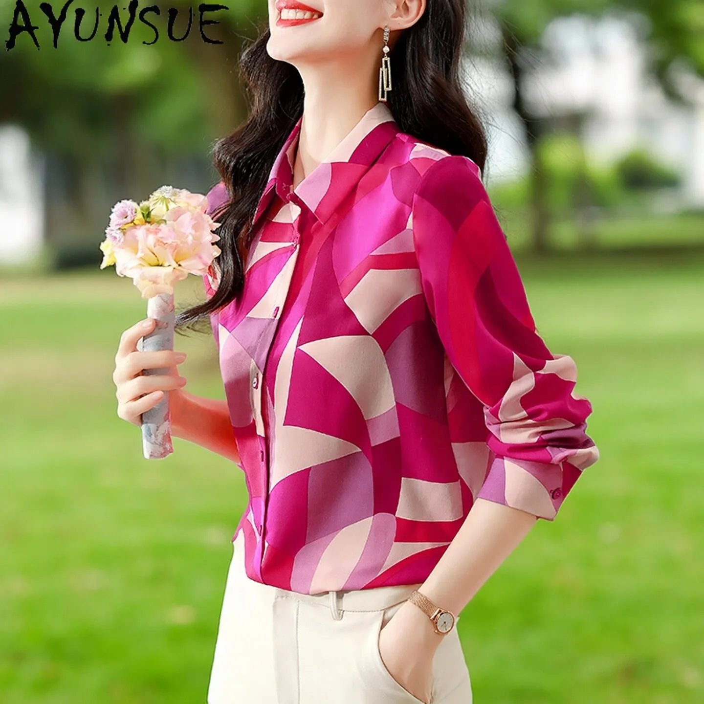 

AYUNSUE 100% Mulberry Silk Shirt 2026 Summer Clothes Elegant Womens Shirts Long Sleeve Top Women Cardigan Print Блузка Женская