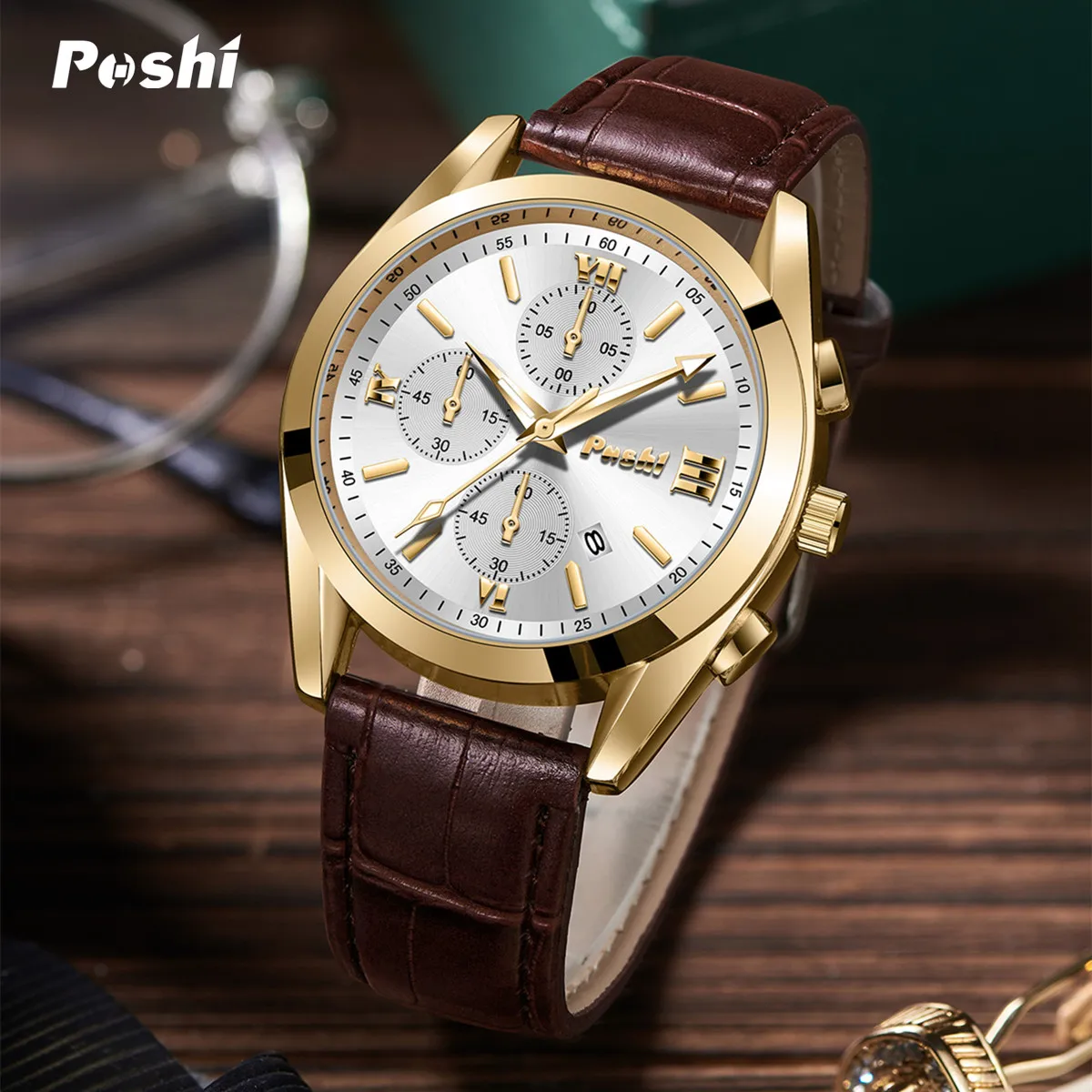 POSHI New Fashion Mens Watches Quartz Movement Watch Luxury Leather Strap with Calendar Waterproof Sport Wristwatch for Man 2023