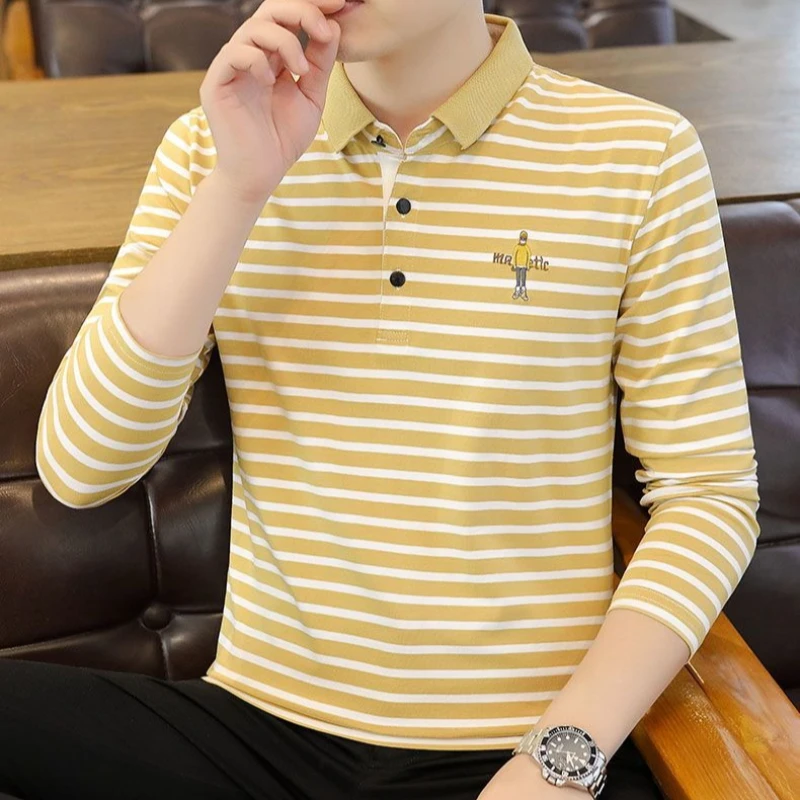 

Новая мужская поло-рубашка в полоску с длинным рукавом и воротником, осень 2026 – повседневная молодежная футболка для комфортной носки на каждый день