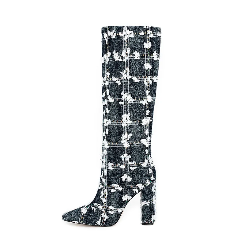 Arden Furtado 2024 Spring Paillette Flower cowboy Pointed toe Knee high boots Super high heel Slip-on Modern boots Large size