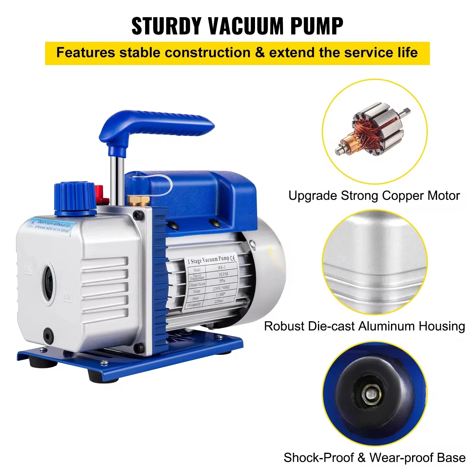 SIHAO 3CFM 1/4HP Vacuum Pump 1 Stage Refrigeration Vacuum Pump Refrigerant Air Conditioning HVAC Maintenance Vacuum Packaging