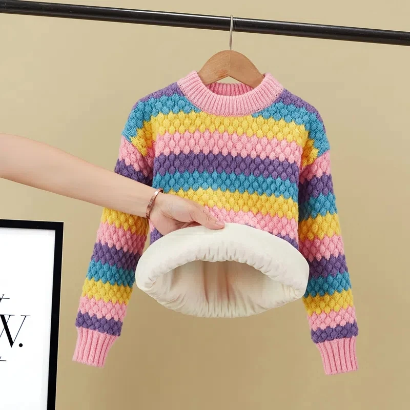 

Spring Autumn Color Stripes Girls Knitted Sweater Winter Thickened Plush Lining Sweater Warm Loose Children Pullover Sweater