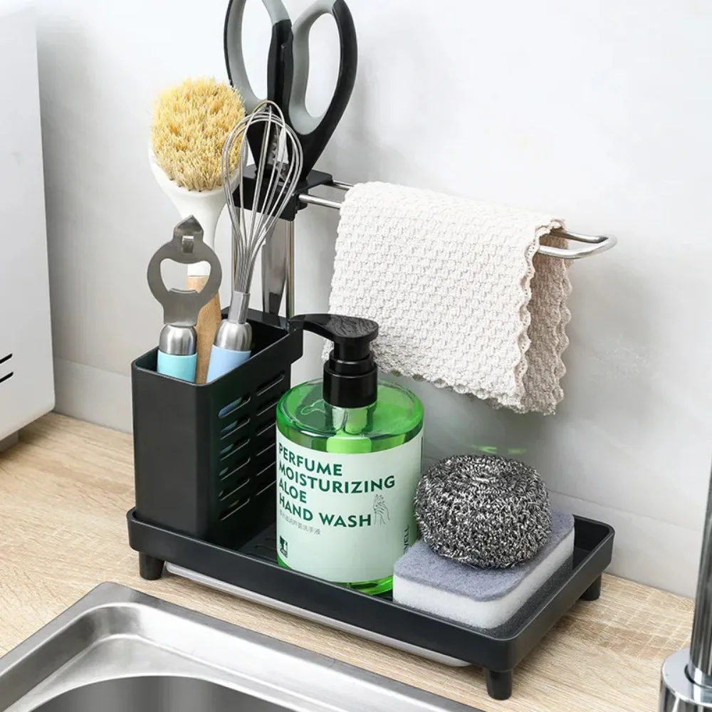 

Sink Storage Rack Multifunction Sponge Towel Drain Holder with Detachable Drain Tray Heightened Anti Slip Mat Kitchen Accession