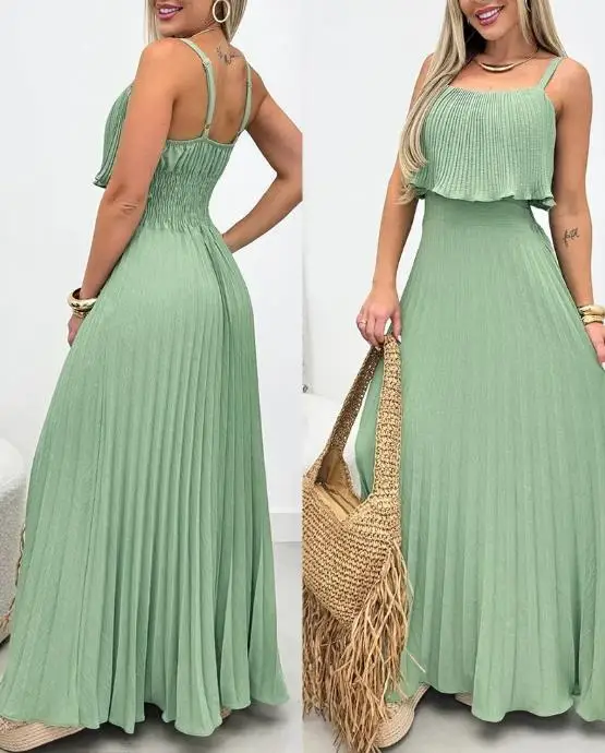 

Summer Romantic French Style Casual Vacation Beach Dress for Women, Pleated Design Square Neck Sleeveless A-Line Suspender Dress