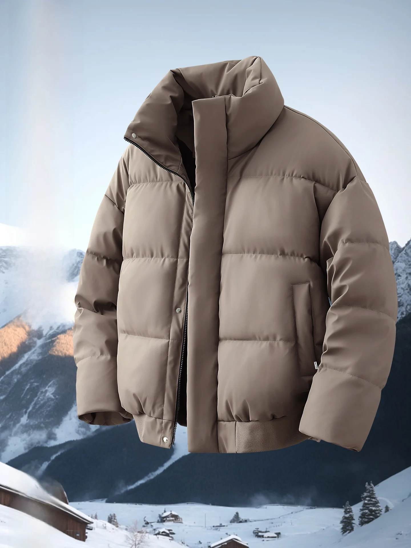 

Thiened Cotton Jaet Men's Stand Collar PU Leather Warm Windproof Bread Sle Coat American Sle Long Sve Z...