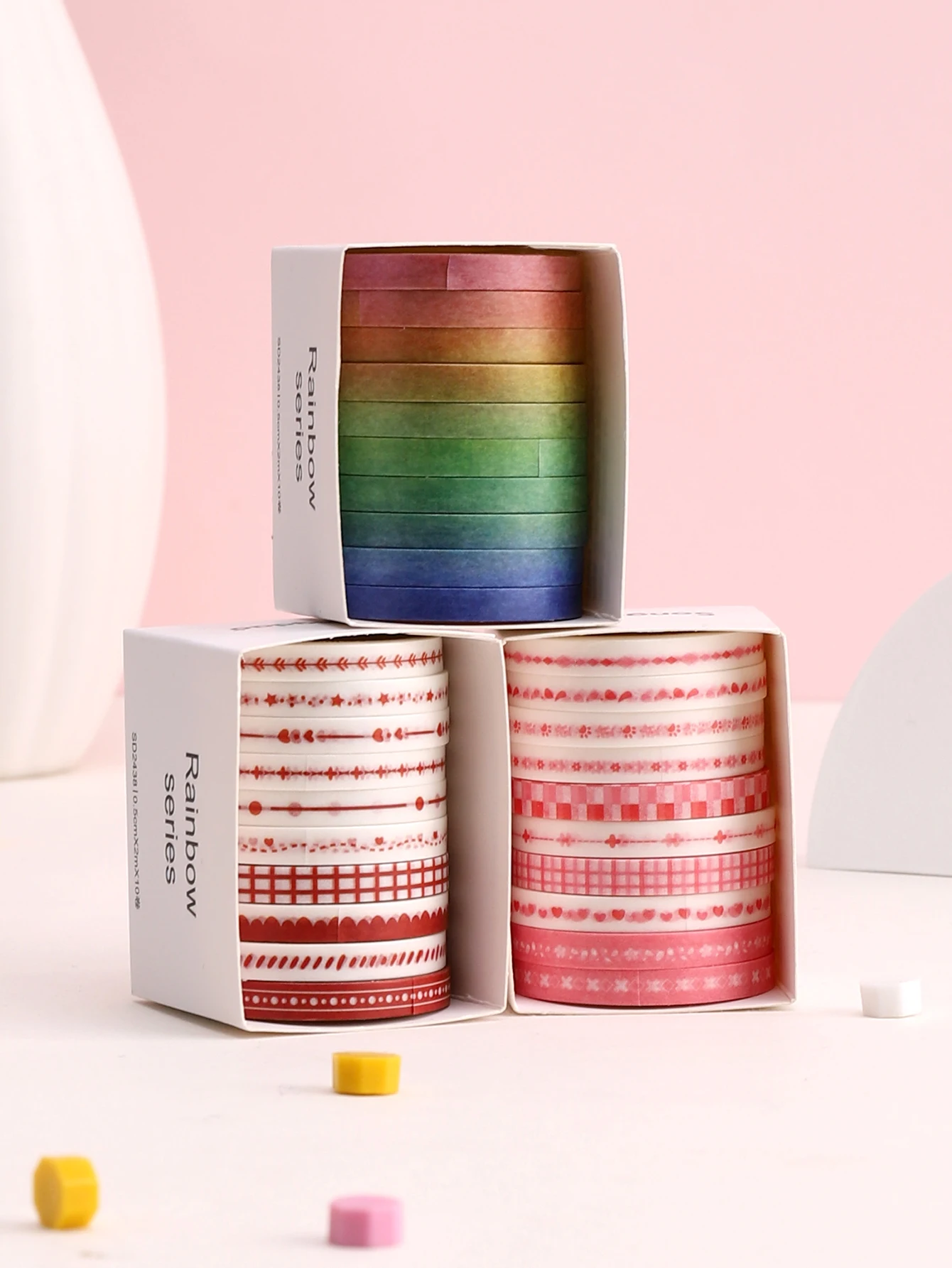 10 Rolls/Box Rainbow Washi Tape Set Narrow Gradient Color Heart Grid Border Masking Tape for Journaling Scrapbooking Planner