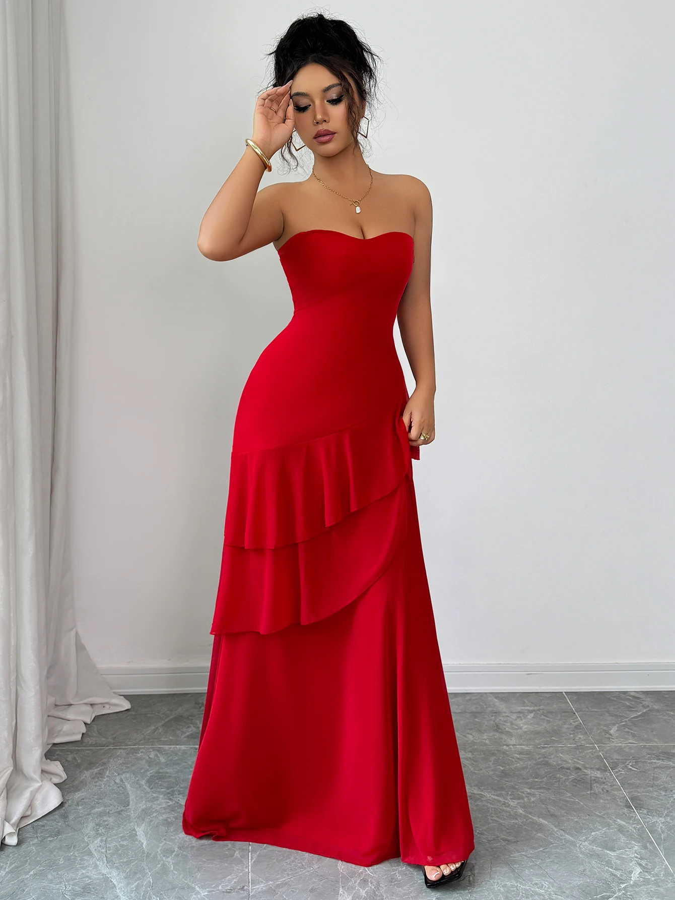 Red Strapless Asymmetric Ruffle Hem Long Dresses Summer Dress for Women Casual Fall Elegant Evening Gown