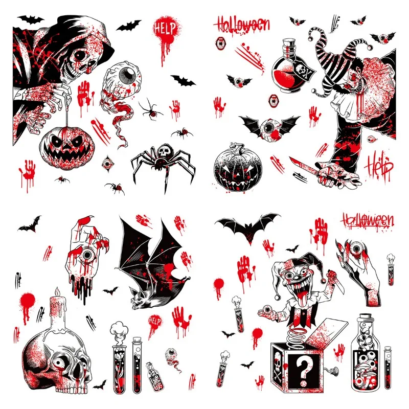 Halloween Decoration Skull Window Sticker 2024 New Halloween Glass Window Scene Arrangement Blood Handprint Static Sticker