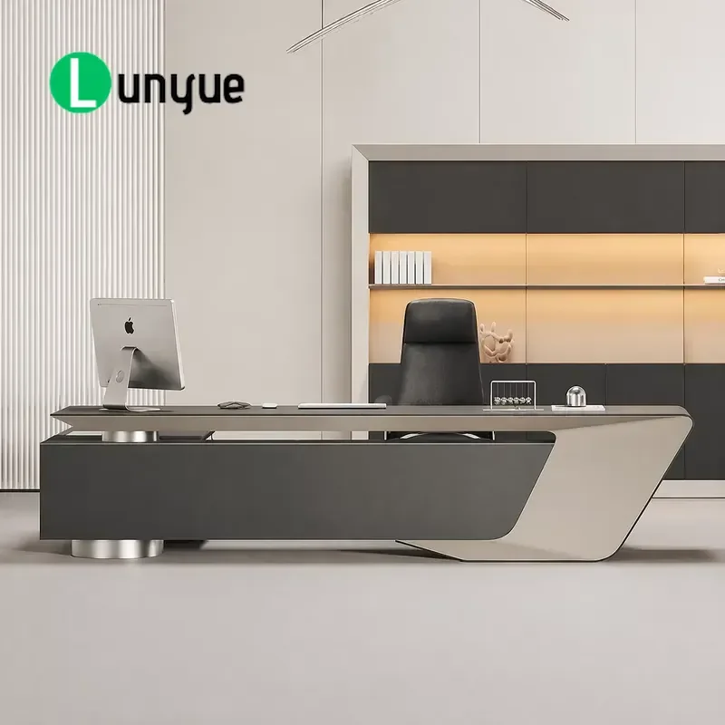 Modern Simple Wooden Desk Asymmetrical Design Champagne Gold Metal Finish Waterproof Eco Friendly CEO Office Furniture