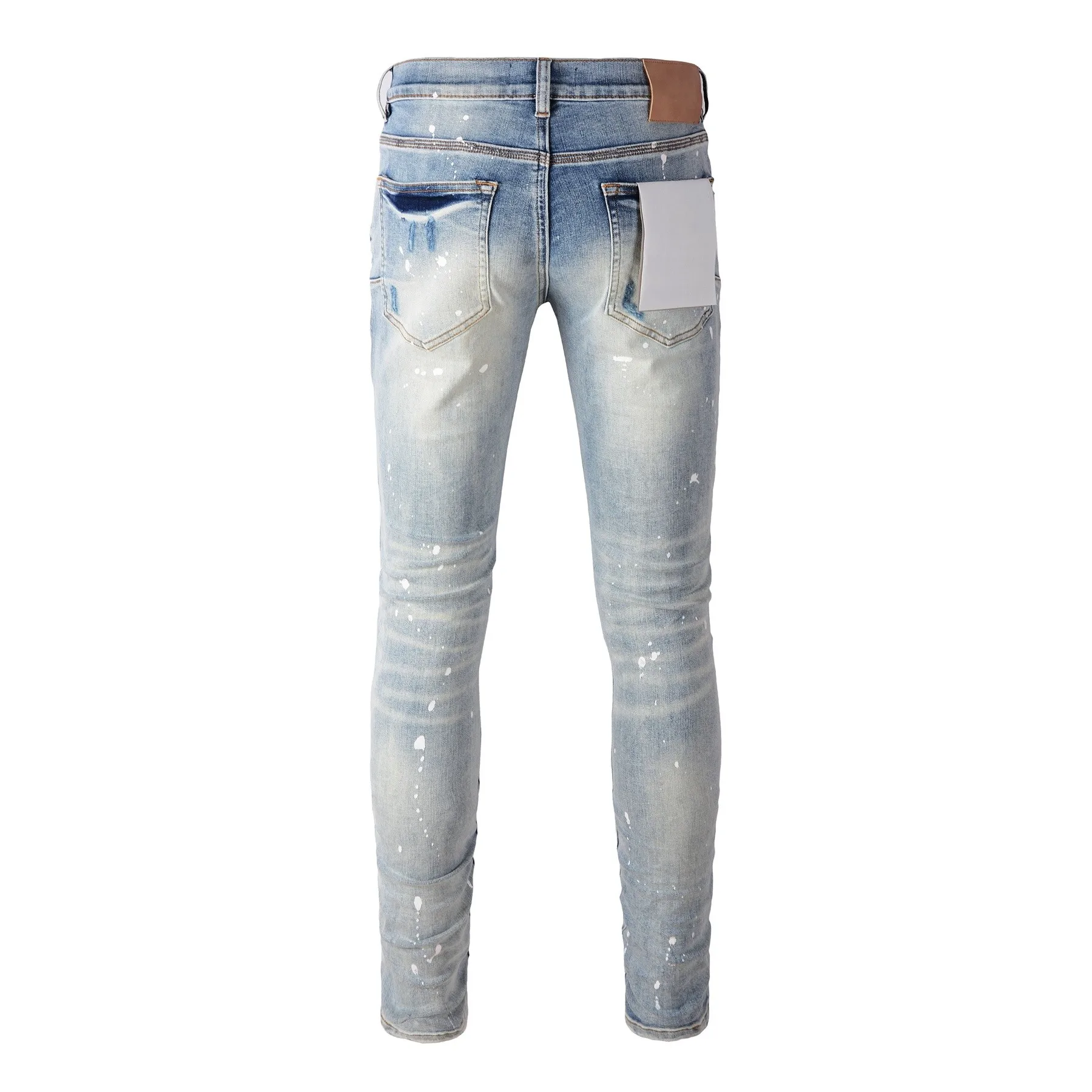 Men's American High Street Distressed Washed Light Blue Skinny Destroyed Holes Spray Paint Ripped Button Fly Jeans Pants