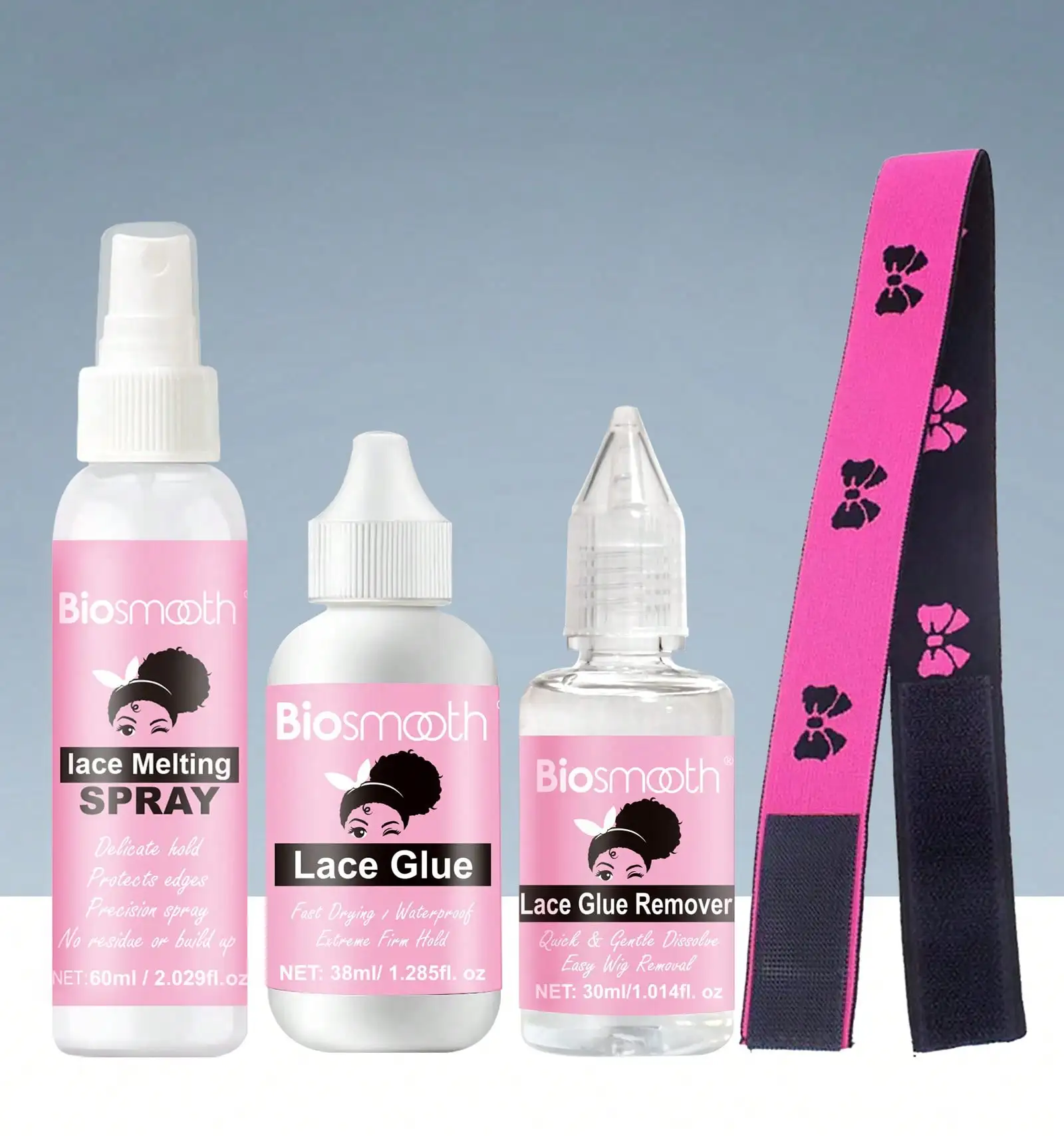 

4pcs Wig Installing Kit- 60ml Melting Spray,38ml Lace Glue,30ml Lace Glue Remover And Lace Band