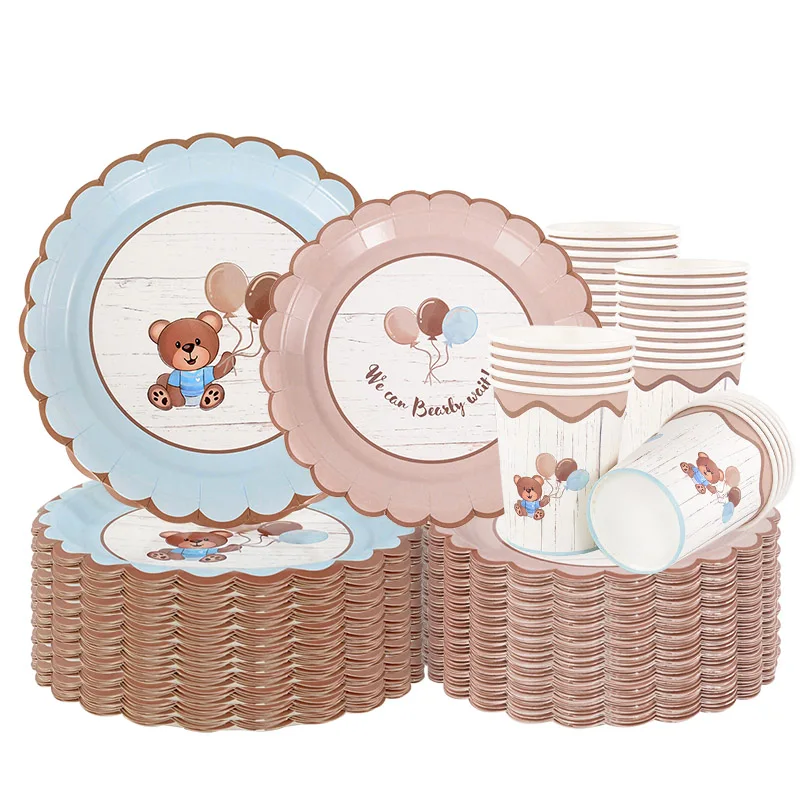 10szt Słodki Niedźwiedź Jednorazowe Zastawy Stołowe Brązowy Niebieski Papierowy Talerz Kubek Serwetka Dzieci Urodziny Baby Shower Party Dekoracje Materiały eksploatacyjne