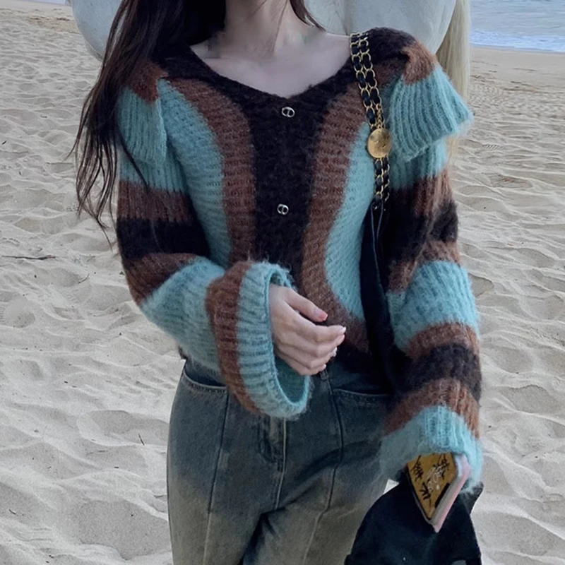 

Striped Knitted Cardigan Women Sweater Jacket Vintage V Neck Short Cardigans Female Autumn Elegant Casual Warm Knitwears 28932