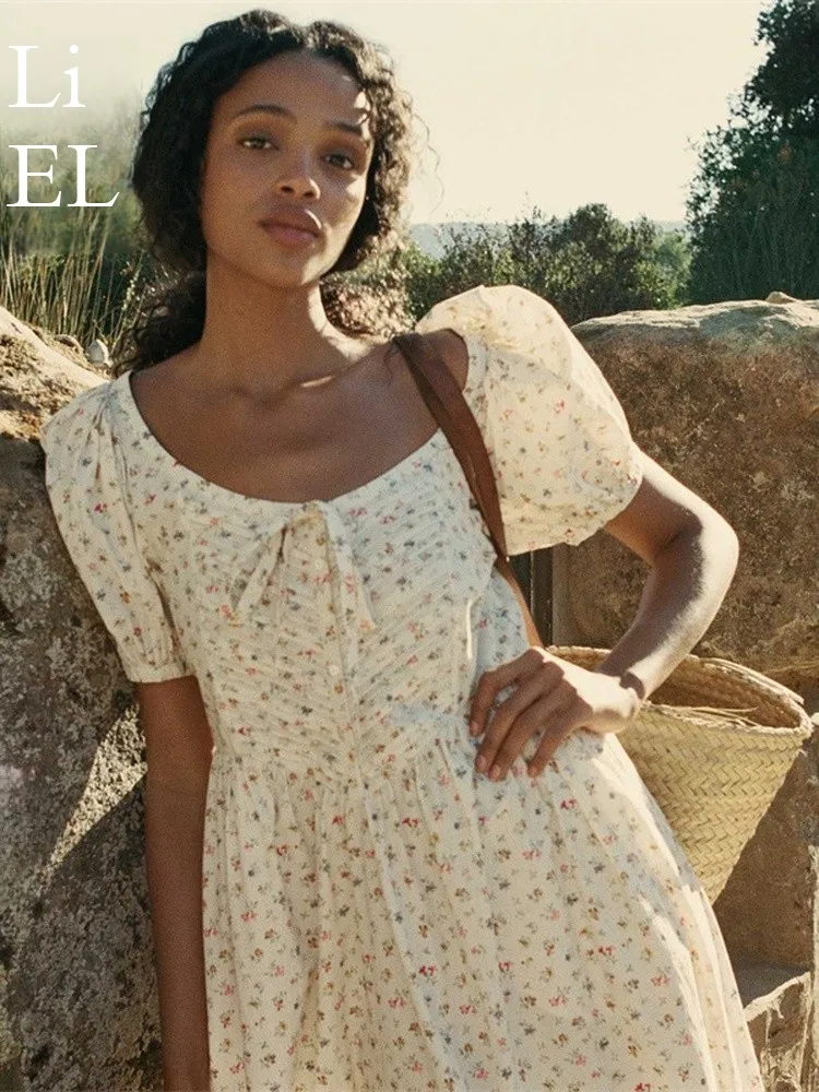 

August High Version American Retro DOEN Country Style Floral Print Low round Neck Tie Bubble Sleeve mid Length Dress