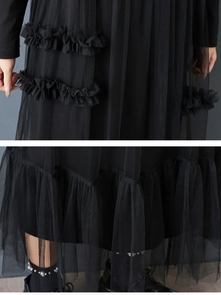 Oversized lente herfst jurk dames mesh patchwork geplooide mode dames lange jurken casual losse vrouw lange mouw jurk