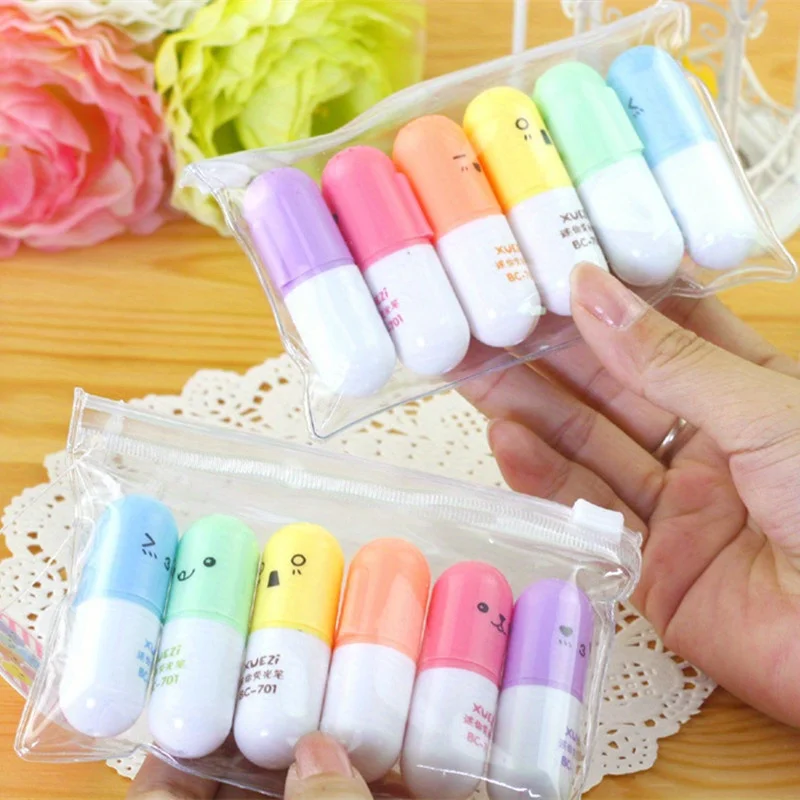 6pcs/set Cute Pill Shape Mini Highlighter Marker Drawing Colorful Pen School Office Supply Student Stationery