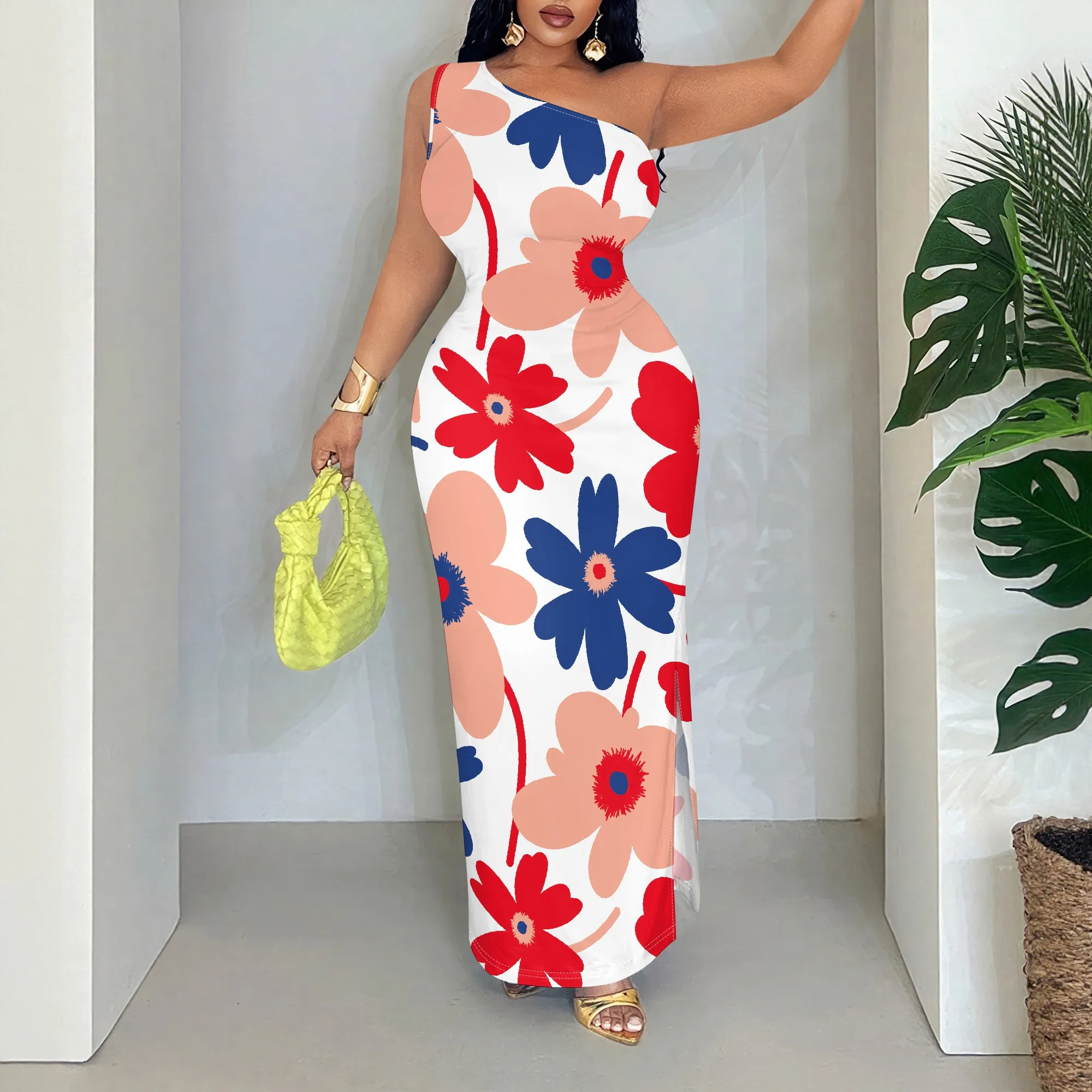 

Floral One Shoulder Maxi Dress, Sleeveless Bodycon, Asymmetric Neckline, Summer Beach Party Wear, S-2XL