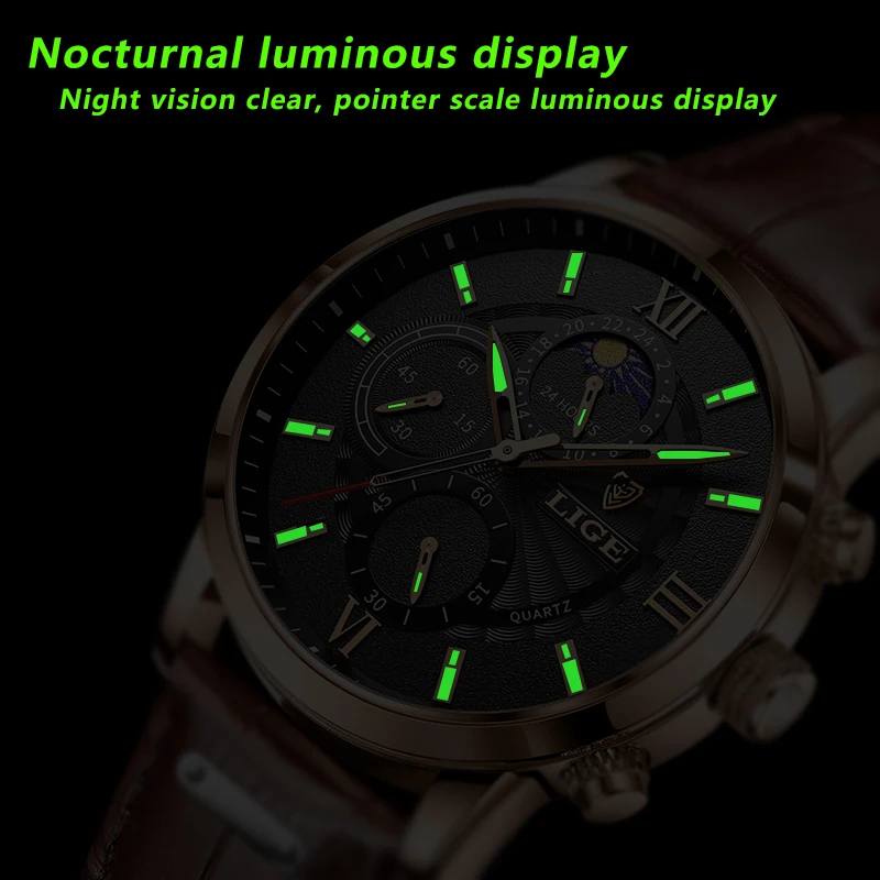 Top LIGE Brand New Men\'s Watches Leather Chronograph Waterproof Sports Automatic Date Quartz Watches for Men Relogio Masculino