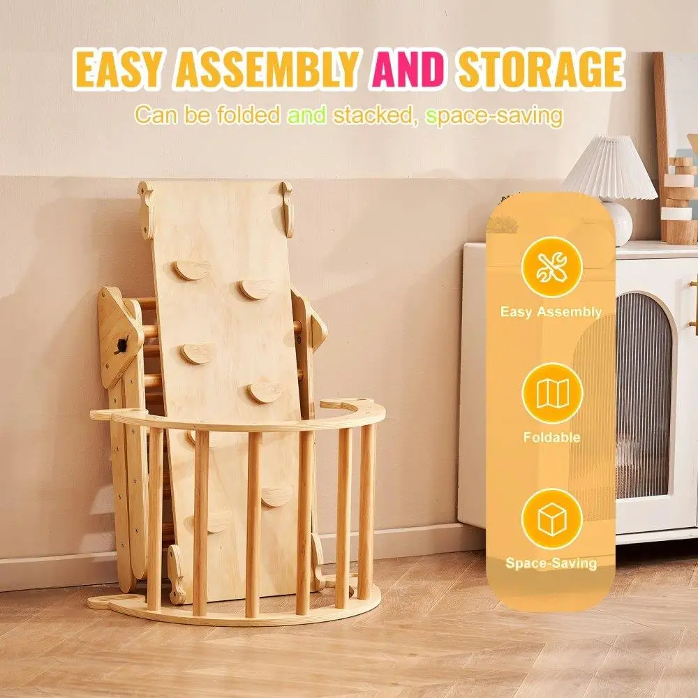 나무 피클러 삼각형 클라이밍 세트 (1~3세 유아용) 실내 놀이터 5 in 1 경사로 아치 몬테소리 체육관 자연색