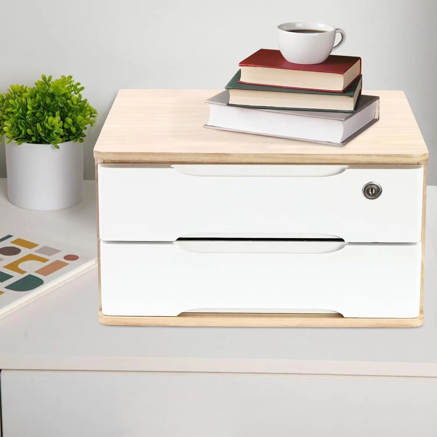 Boîte de rangement de bureau à 2 niveaux, organisation de tiroir de fournitures de bureau avec tiroir verrouillable pour fournitures de bureau, fournitures scolaires