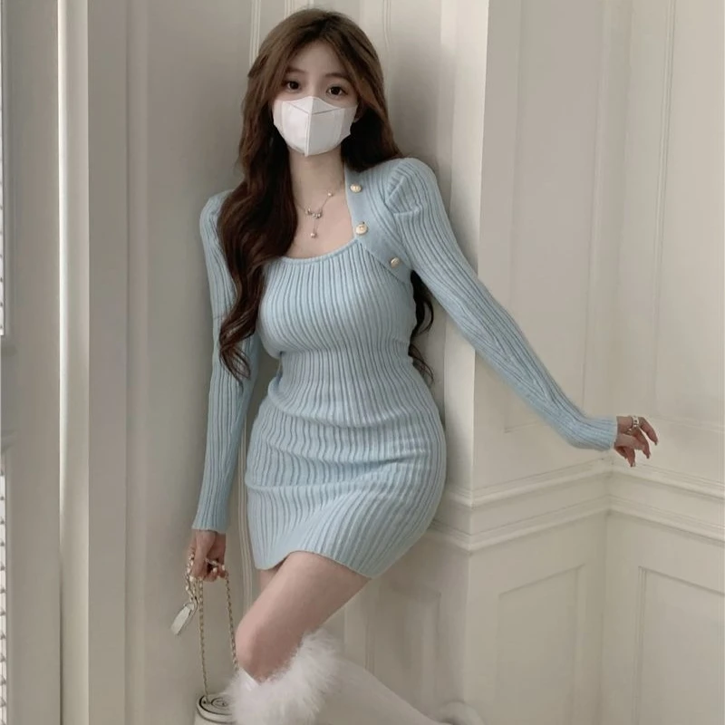 فستان نسائي منسوج أزرق أنيق أساسي رائع Harajuku كوري للخريف والشتاء تخفيضات Y2k Bodycon فساتين كروشيه نسائية #1