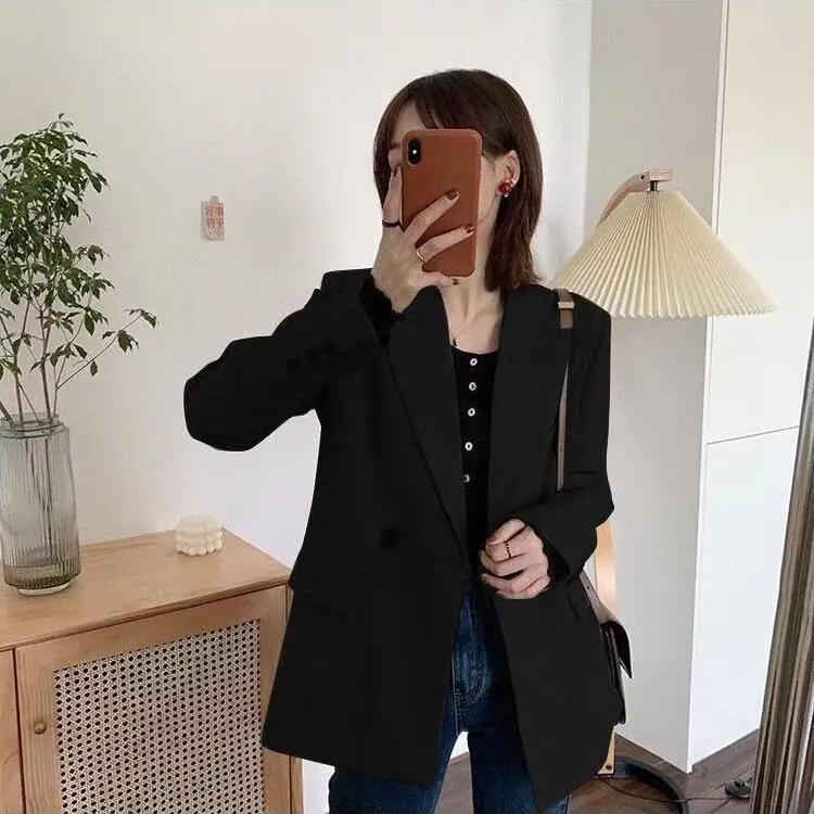 

Long Blazers Woman Elegant Double-Breasted Blazer Patchwork Lapel Notched Collar Vintage Office Lady Winter Outwear Trend