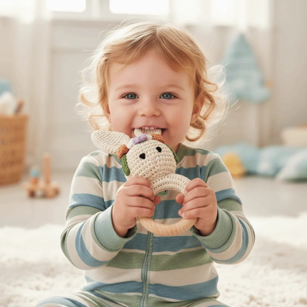 الخشب القوارض أرنب الطفل الكروشيه حشرجة الموت لدغة محبوك الكرتون الحيوان خشبية عضاضة لعبة مدمن مخدرات لعب لينة تصميم مهدئ #3