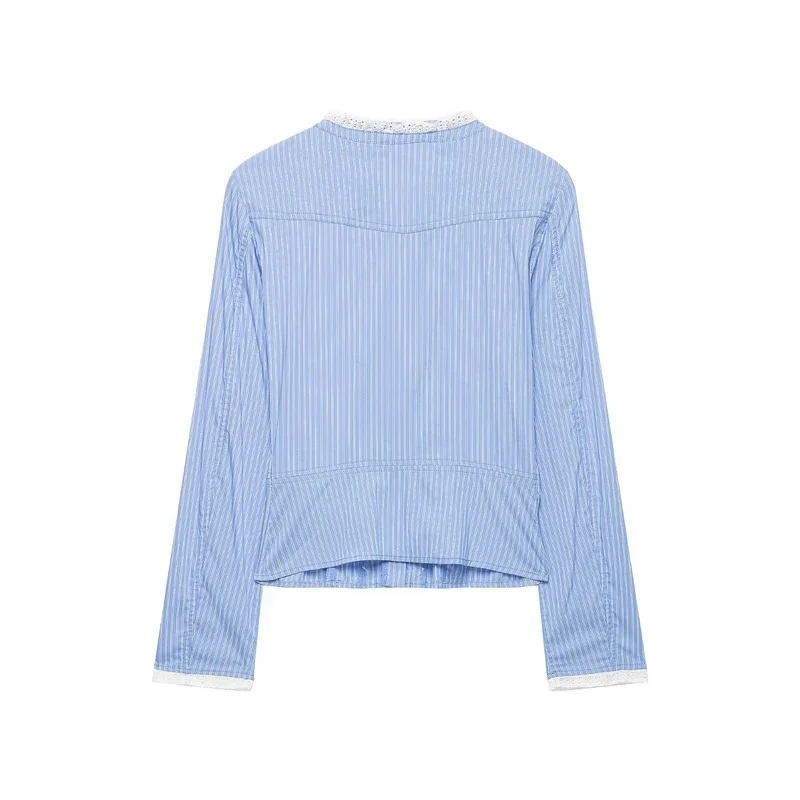 European and American autumn new women's clothing simple and fashionable long sleeved striped lace decorative poplin jacket
