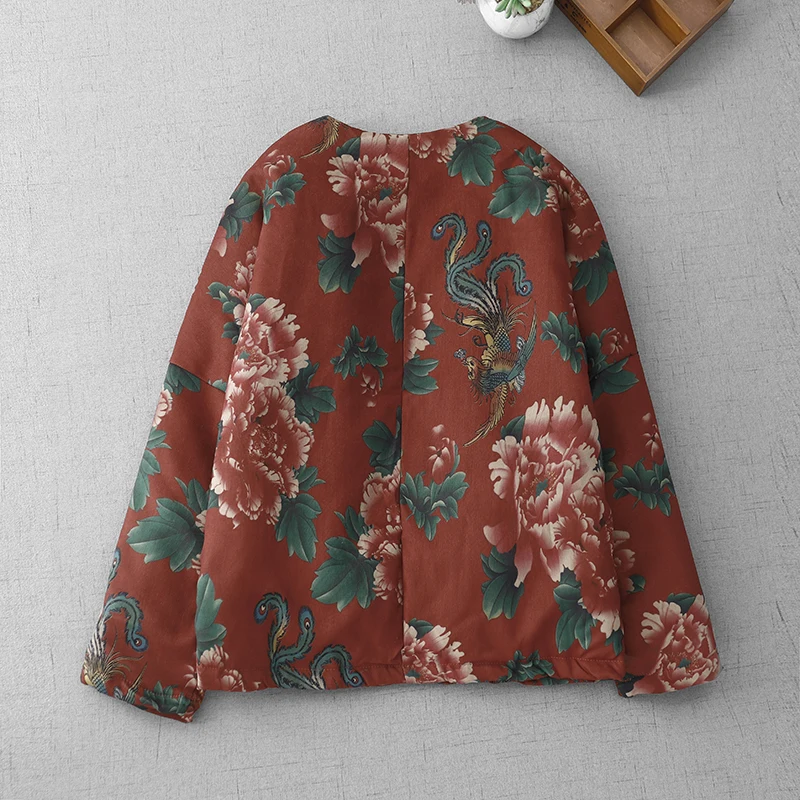 Thickened Warm Cotton Jacket Autumn Winter Retro Ethnic Style Floral Pattern Women's Buttoned Cotton Coat Long Sleeve Loose Fit