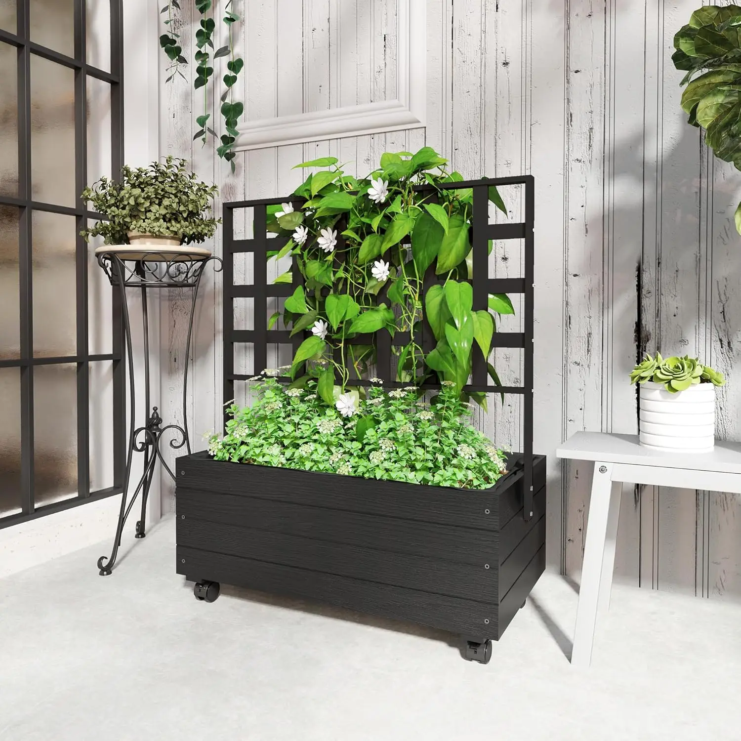 Raised Garden Bed with Trellis and Wheels, Outdoor Wooden Elevated Planter Box, Freestanding Raised Flower Bed for Climbing Plants, Flowers, Herbs and Vegetables