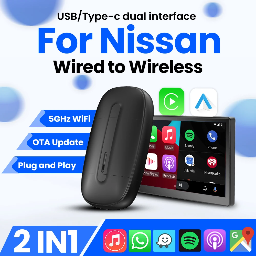 Carplay Wireles Android Auto USB Type-c Plug and Play Bluetooth Smart Dongle For Nissan Maxima Micra Murano GT‑R Kicks Leaf 