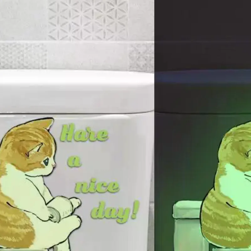1PC Bathroom Luminous Cat Squatting Toilet English Slogan Toilet Sticker Self-Adhesive Beautify Home Decor