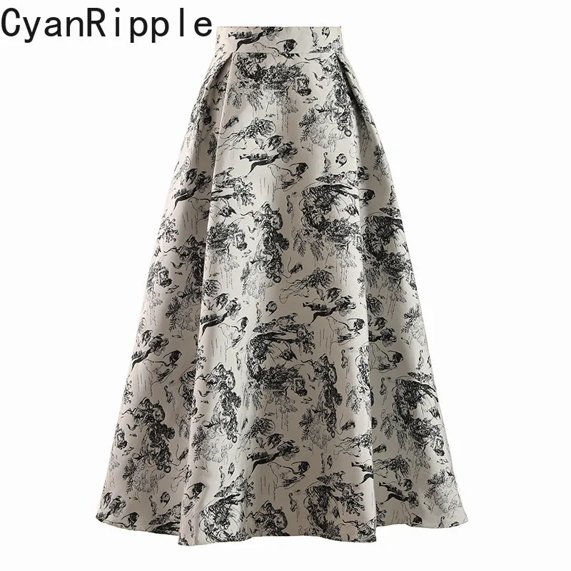 High Quality 2026 New Spring Autumn High Waist Jacquard Embroidery Mid-long A-line Skirt Women Elegant Exquisite Umbrella Skirt