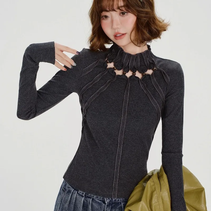 Camisetas de manga larga caladas para chica picante, Top corto de diseño ajustado liso Retro americano, ropa de calle gótica estética Y2k