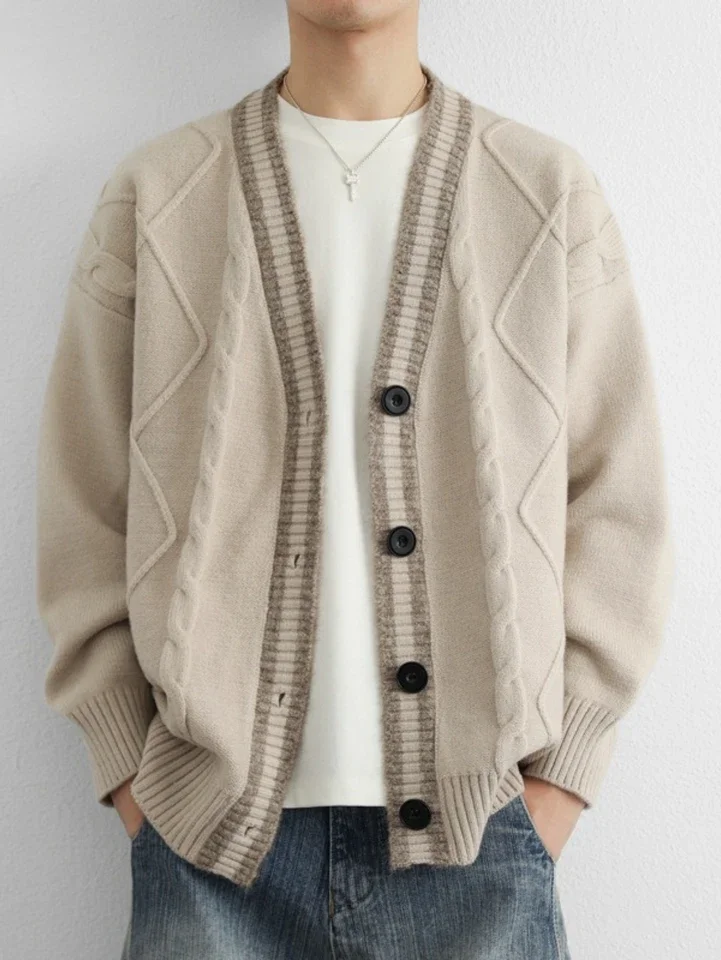 2025 New Men Dark Gray V Neck Cardigan Academic Style Retro Design Loose Casual Versatile Top