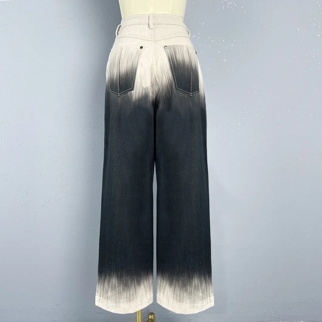 2024 Women's Clothing Tie-dye color-blocked high-waisted straight pants Spring Summer New 413