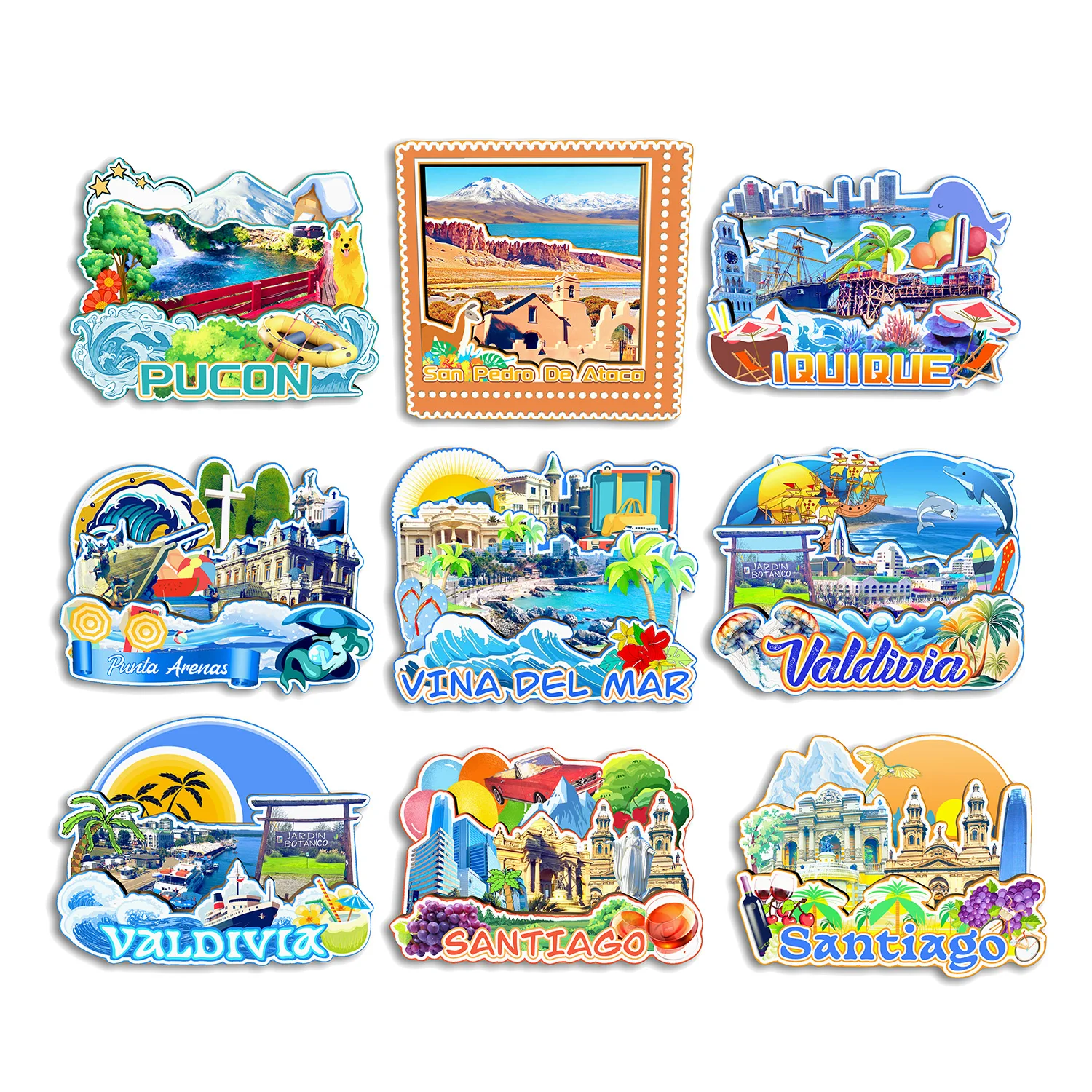 Santiago Valdivia Punta Arenas Ataca Iquique San Pedro De Ataca Pucon Vina del Mar Chile imán para nevera regalo de recuerdo de viaje