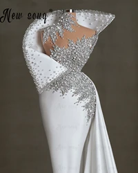 Chic Heavy Crystals White Evening Dresses Satin Mermaid Bridal Gowns Elegant Women Vestido De Festa De Casamento Abendkleider